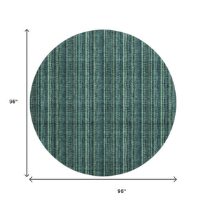 HomeRoots 8' Stylish Teal and Mint Green Striped Washable Round Rug with UV Protection for Indoor & Outdoor Use 677588