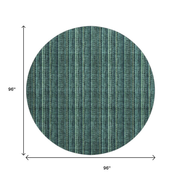 HomeRoots 8' Stylish Teal and Mint Green Striped Washable Round Rug with UV Protection for Indoor & Outdoor Use 677588