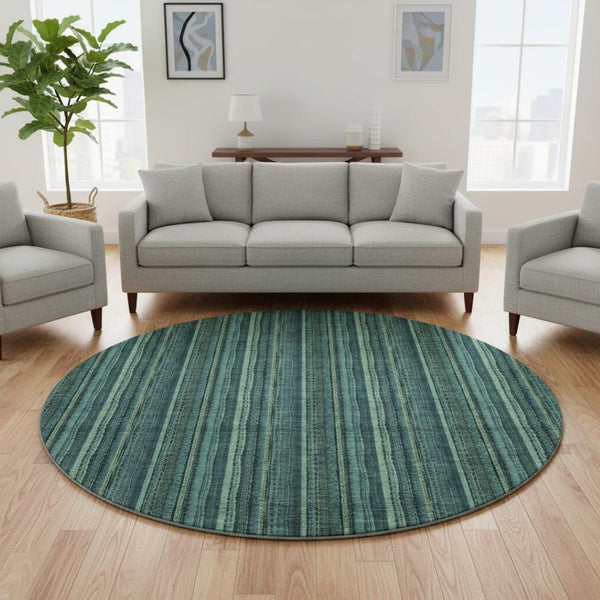 HomeRoots 8' Stylish Teal and Mint Green Striped Washable Round Rug with UV Protection for Indoor & Outdoor Use 677588