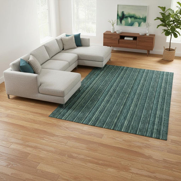 HomeRoots 8' X 10' Teal & Mint Green Striped Area Rug - Washable, UV Resistant, Perfect for High-Traffic Areas 677589