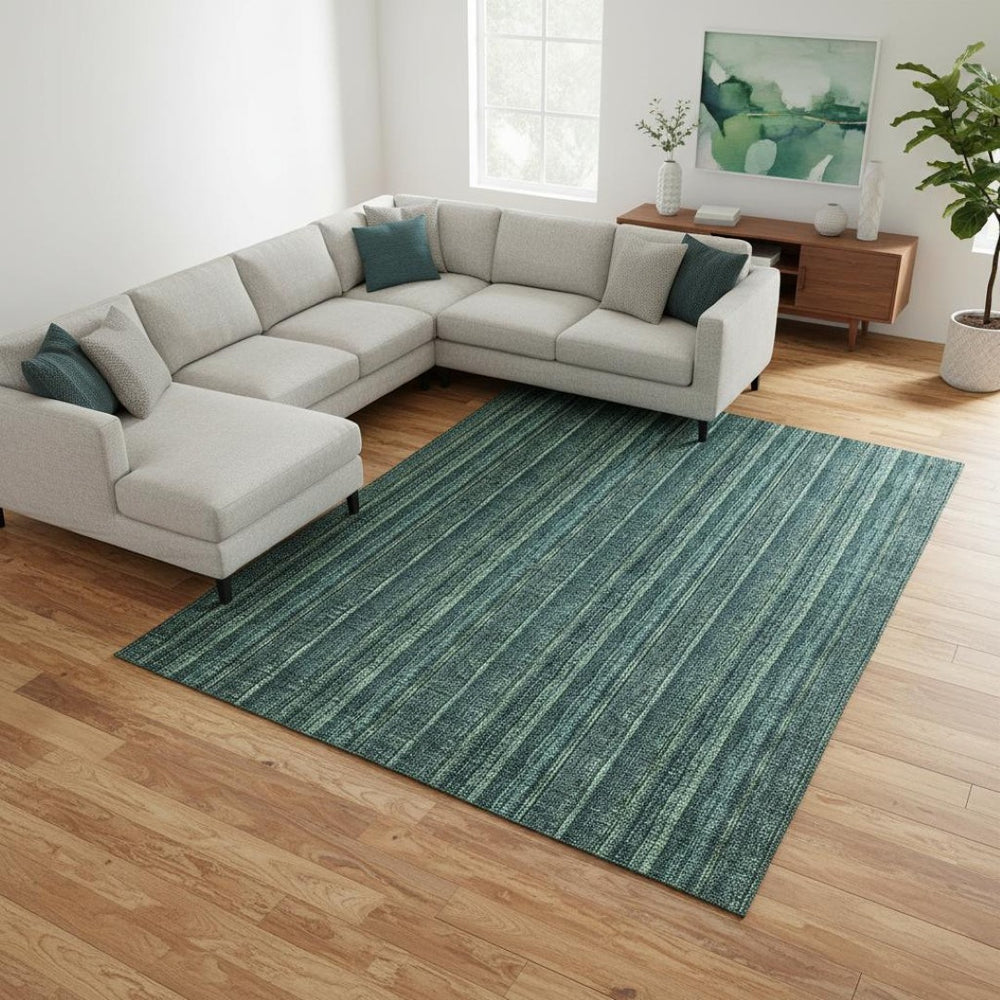 HomeRoots 9' X 12' Teal and Mint Green Striped Area Rug - Durable, Washable with UV Protection for High-Traffic Spaces 677590