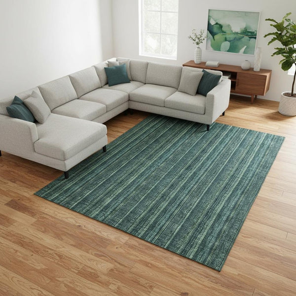 HomeRoots 9' X 12' Teal and Mint Green Striped Area Rug - Durable, Washable with UV Protection for High-Traffic Spaces 677590