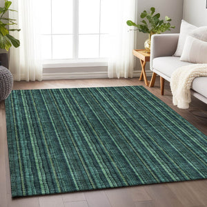 HomeRoots 10' X 14' Teal And Mint Green Striped Area Rug - Washable, UV Protection, Perfect for Busy Homes! 677591