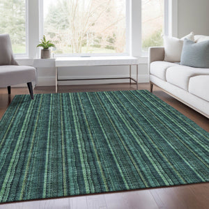 HomeRoots 10' X 14' Teal And Mint Green Striped Area Rug - Washable, UV Protection, Perfect for Busy Homes! 677591
