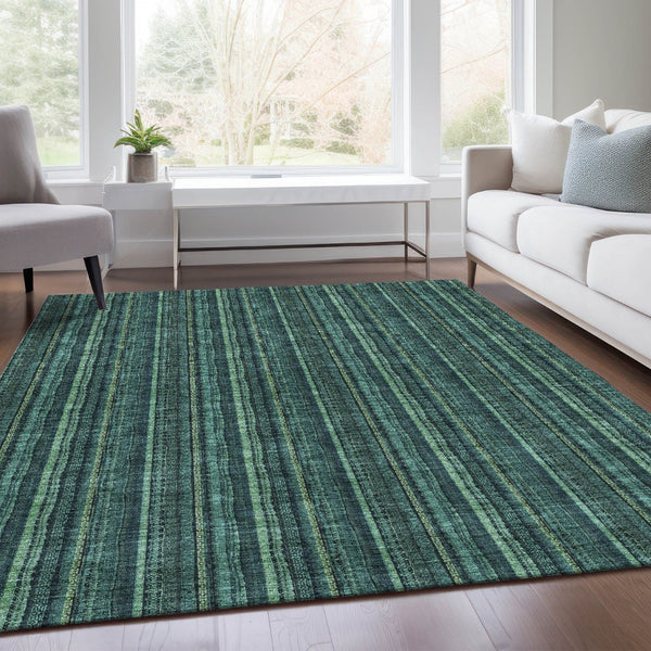 HomeRoots 10' X 14' Teal And Mint Green Striped Area Rug - Washable, UV Protection, Perfect for Busy Homes! 677591
