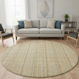 HomeRoots 8' Wheat Gray and Gold Striped Round Rug - Washable, UV Protected, Durable & Stylish for Any Space 677594