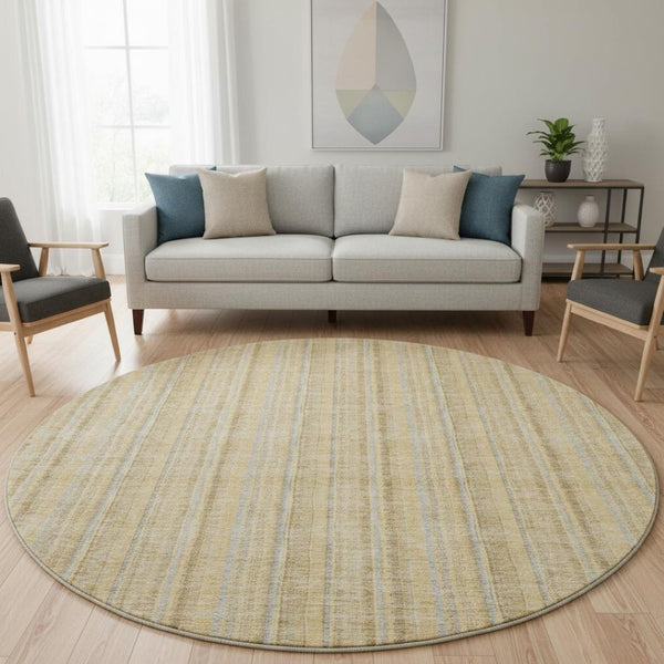 HomeRoots 8' Wheat Gray and Gold Striped Round Rug - Washable, UV Protected, Durable & Stylish for Any Space 677594
