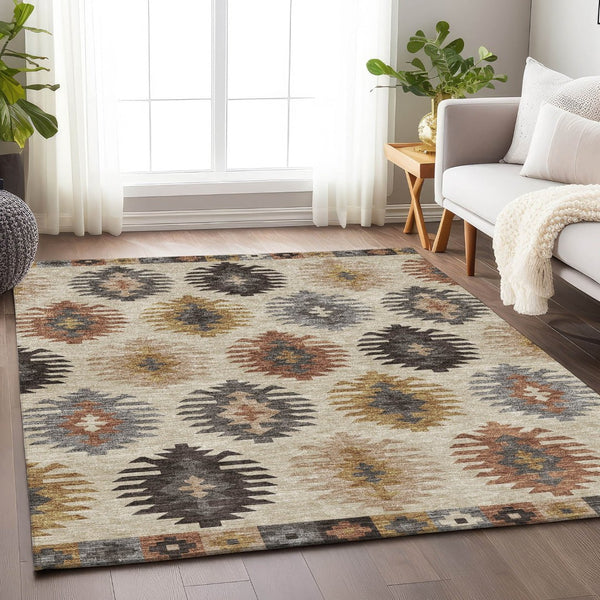 HomeRoots 5' X 8' Beige Copper Gold Southwestern Area Rug - Stylish, Washable, UV-Protected & Kid-Friendly! 677599