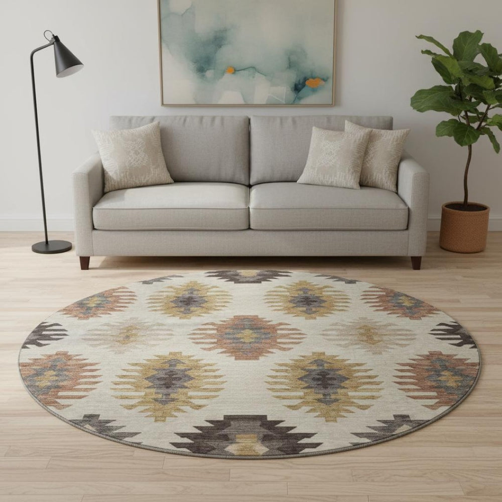 HomeRoots 8' Beige Copper and Gold Southwestern Washable Round Rug - Durable, Stylish, and UV Protected! 677600