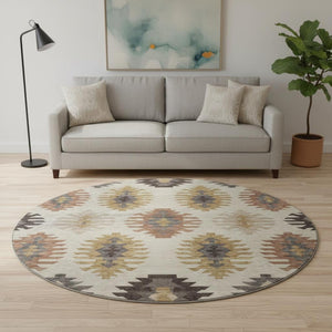 HomeRoots 8' Beige Copper and Gold Southwestern Washable Round Rug - Durable, Stylish, and UV Protected! 677600