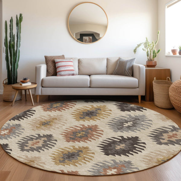 HomeRoots 8' Beige Copper and Gold Southwestern Washable Round Rug - Durable, Stylish, and UV Protected! 677600