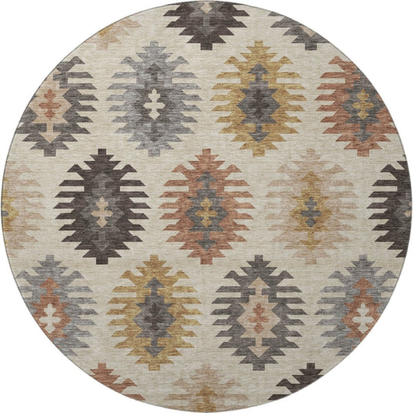 HomeRoots 8' Beige Copper and Gold Southwestern Washable Round Rug - Durable, Stylish, and UV Protected! 677600