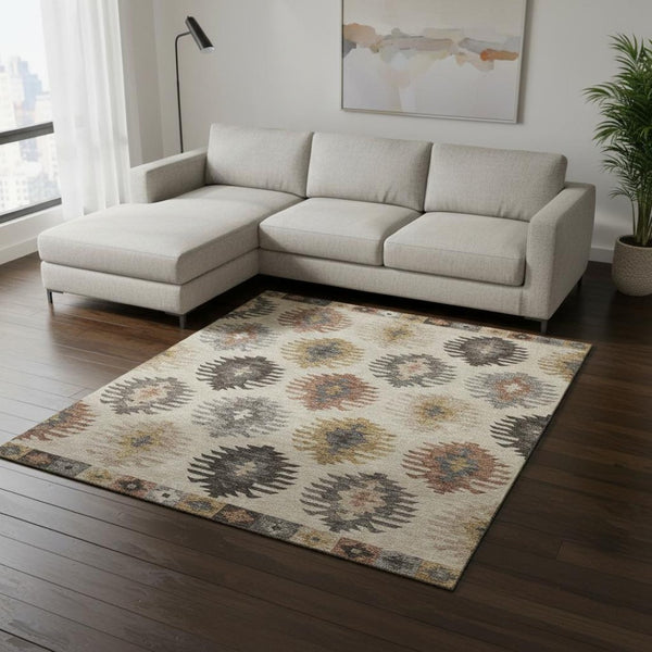 HomeRoots 8' X 10' Southwestern Beige Copper Gold Area Rug - Washable, UV Protected, Durable for High-Traffic Homes 677601