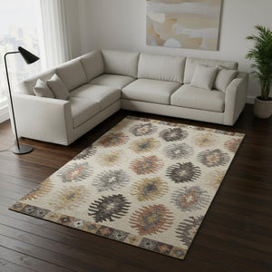 HomeRoots 10' X 14' Southwestern Area Rug - Beige, Copper & Gold, Washable, UV Protected, Perfect for Living Spaces 677603