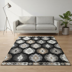 HomeRoots 5' X 8' Black Ivory Gray Southwestern Area Rug - Washable, UV Protected, Durable for Busy Homes 677605