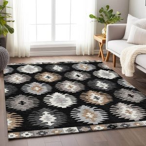 HomeRoots 5' X 8' Black Ivory Gray Southwestern Area Rug - Washable, UV Protected, Durable for Busy Homes 677605