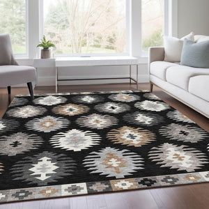 HomeRoots 5' X 8' Black Ivory Gray Southwestern Area Rug - Washable, UV Protected, Durable for Busy Homes 677605