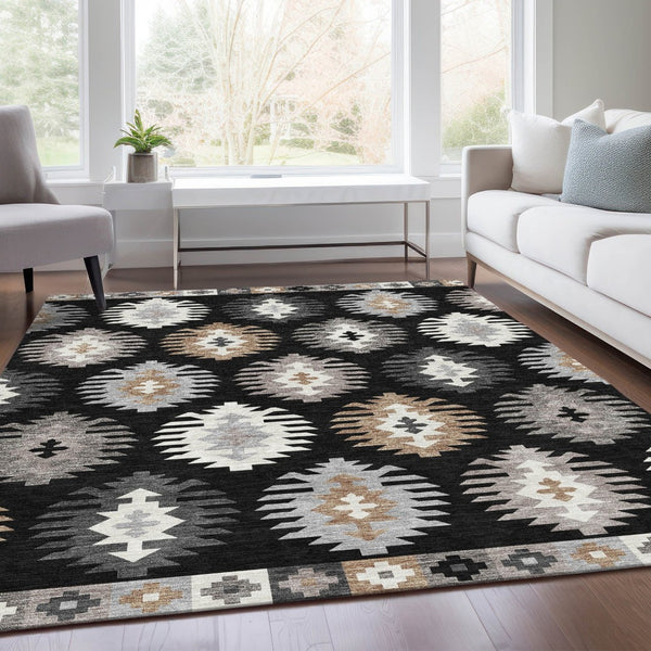 HomeRoots 5' X 8' Black Ivory Gray Southwestern Area Rug - Washable, UV Protected, Durable for Busy Homes 677605