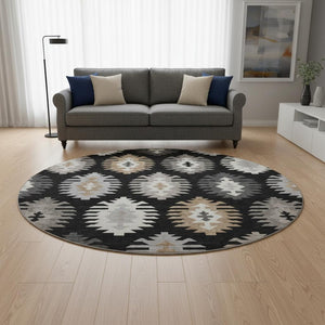 HomeRoots 8' Black Ivory and Gray Southwestern Round Rug - Washable, UV-Protected, Durable for Family Homes 677606