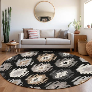 HomeRoots 8' Black Ivory and Gray Southwestern Round Rug - Washable, UV-Protected, Durable for Family Homes 677606