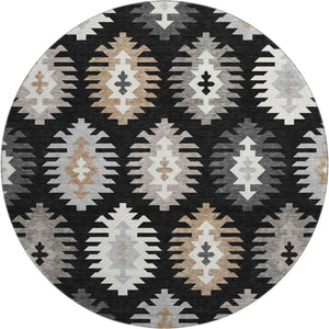 HomeRoots 8' Black Ivory and Gray Southwestern Round Rug - Washable, UV-Protected, Durable for Family Homes 677606