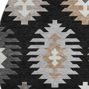 HomeRoots 8' Black Ivory and Gray Southwestern Round Rug - Washable, UV-Protected, Durable for Family Homes 677606