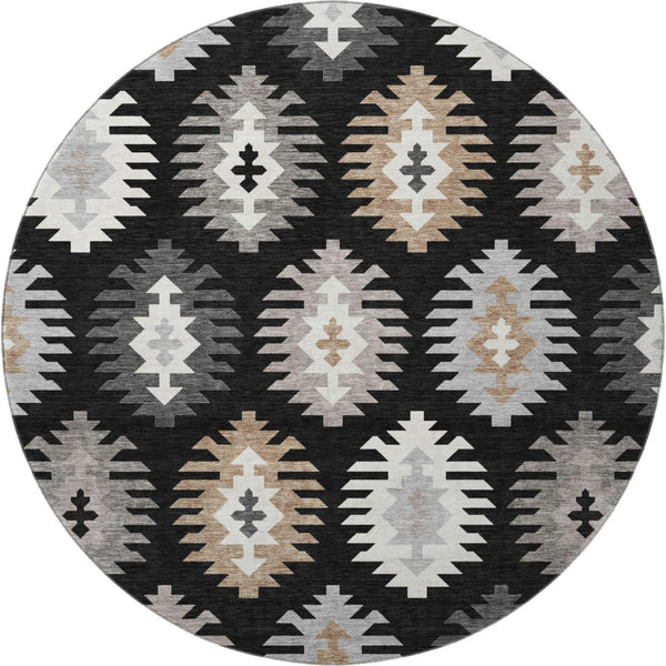 HomeRoots 8' Black Ivory and Gray Southwestern Round Rug - Washable, UV-Protected, Durable for Family Homes 677606