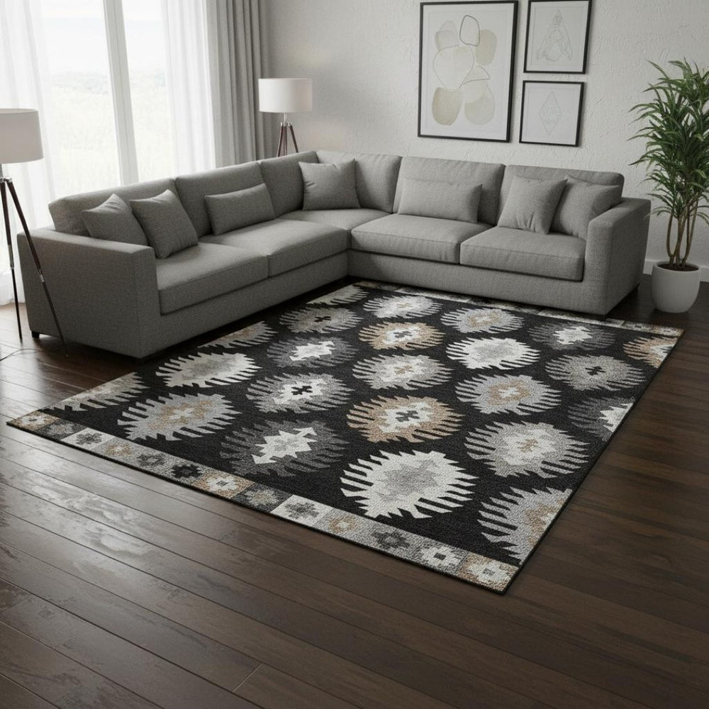 HomeRoots 8' X 10' Stylish Black, Ivory & Gray Southwestern Washable Area Rug with UV Protection & Durability 677607
