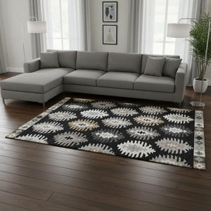 HomeRoots 9' X 12' Black Ivory and Gray Southwestern Area Rug - Washable, Stain-Resistant, UV Protected! 677608