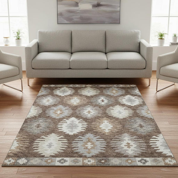 HomeRoots 5' X 8' Brown Taupe & Ivory Southwestern Washable Area Rug - Durable, UV-Protected & Stylish Design 677611