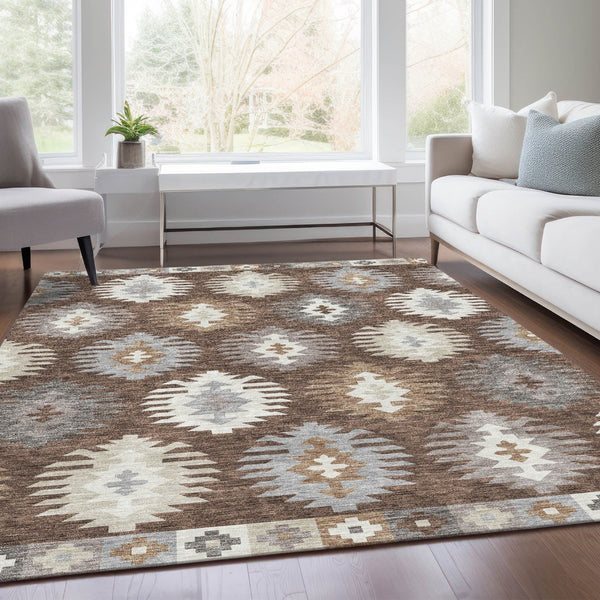 HomeRoots 5' X 8' Brown Taupe & Ivory Southwestern Washable Area Rug - Durable, UV-Protected & Stylish Design 677611