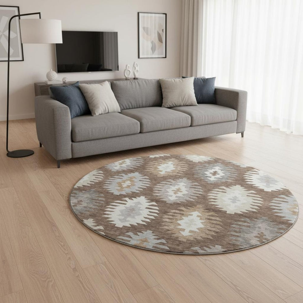 HomeRoots 8' Earthy Southwestern Washable Round Rug with UV Protection – Perfect for Homes with Kids & Pets! 677612
