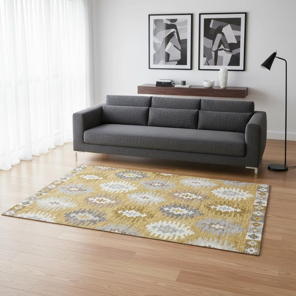 HomeRoots 5' X 8' Southwestern Washable Area Rug in Gold, Gray & Silver – Durable, UV-Protected & Stylish 677617