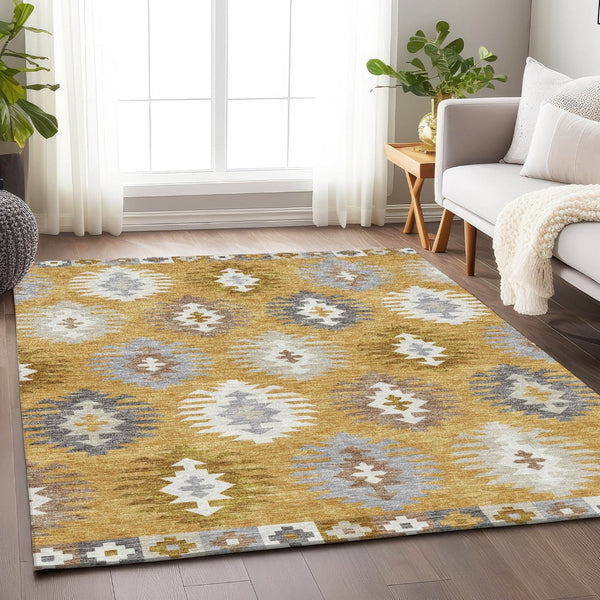 HomeRoots 5' X 8' Southwestern Washable Area Rug in Gold, Gray & Silver – Durable, UV-Protected & Stylish 677617