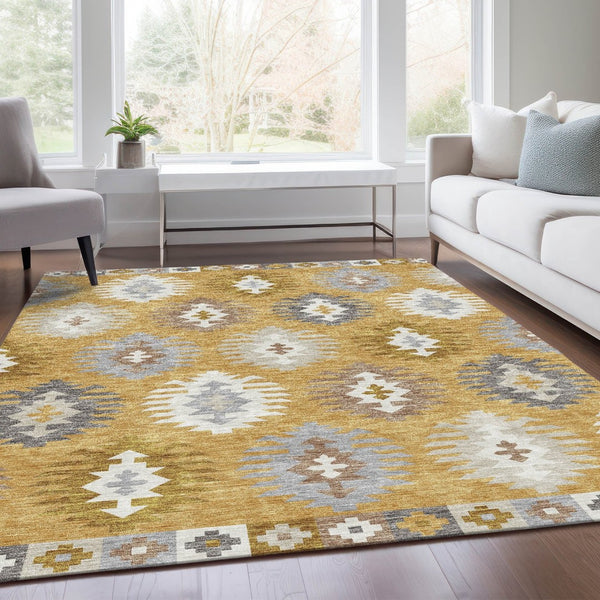 HomeRoots 5' X 8' Southwestern Washable Area Rug in Gold, Gray & Silver – Durable, UV-Protected & Stylish 677617