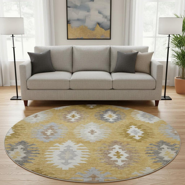 HomeRoots 8' Stylish Southwestern Washable Round Rug in Gold, Gray & Silver - Durable & UV Protected Design 677618