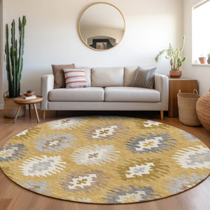 HomeRoots 8' Stylish Southwestern Washable Round Rug in Gold, Gray & Silver - Durable & UV Protected Design 677618