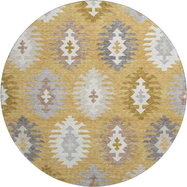 HomeRoots 8' Stylish Southwestern Washable Round Rug in Gold, Gray & Silver - Durable & UV Protected Design 677618