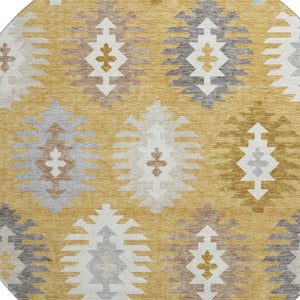 HomeRoots 8' Stylish Southwestern Washable Round Rug in Gold, Gray & Silver - Durable & UV Protected Design 677618