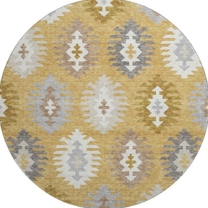 HomeRoots 8' Stylish Southwestern Washable Round Rug in Gold, Gray & Silver - Durable & UV Protected Design 677618