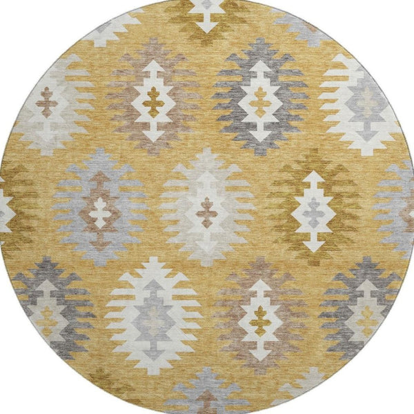 HomeRoots 8' Stylish Southwestern Washable Round Rug in Gold, Gray & Silver - Durable & UV Protected Design 677618