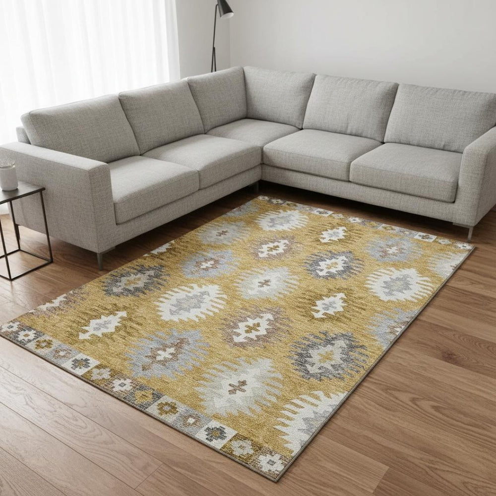 HomeRoots 8' X 10' Southwestern Washable Area Rug - Stylish Gold, Gray & Silver with UV Protection for Durability 677619