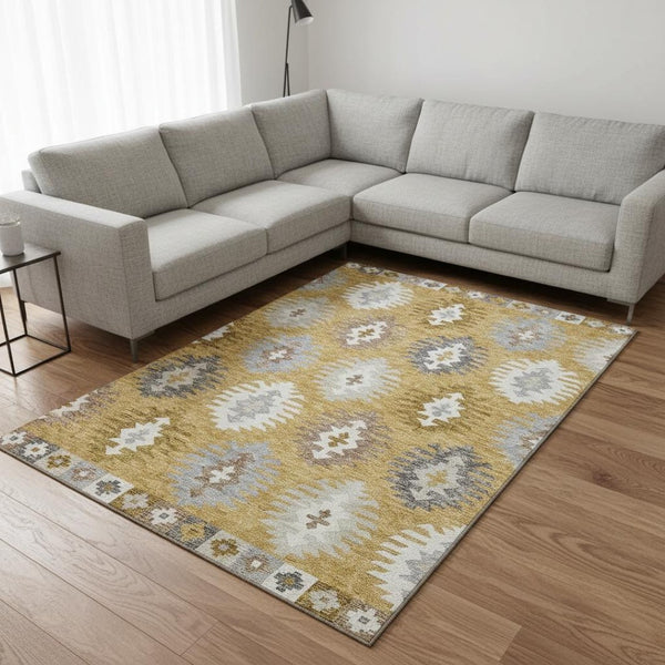 HomeRoots 8' X 10' Southwestern Washable Area Rug - Stylish Gold, Gray & Silver with UV Protection for Durability 677619