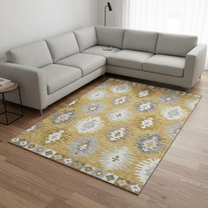 HomeRoots 9' X 12' Southwestern Washable Area Rug in Gold, Gray, and Silver - UV Protected, Durable Design 677620