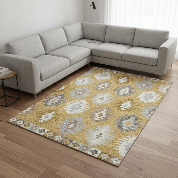 HomeRoots 9' X 12' Southwestern Washable Area Rug in Gold, Gray, and Silver - UV Protected, Durable Design 677620
