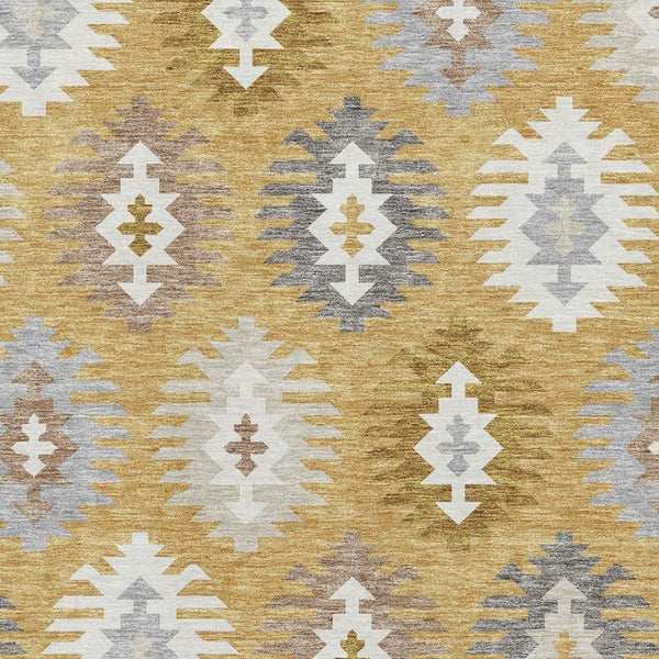 HomeRoots 9' X 12' Southwestern Washable Area Rug in Gold, Gray, and Silver - UV Protected, Durable Design 677620
