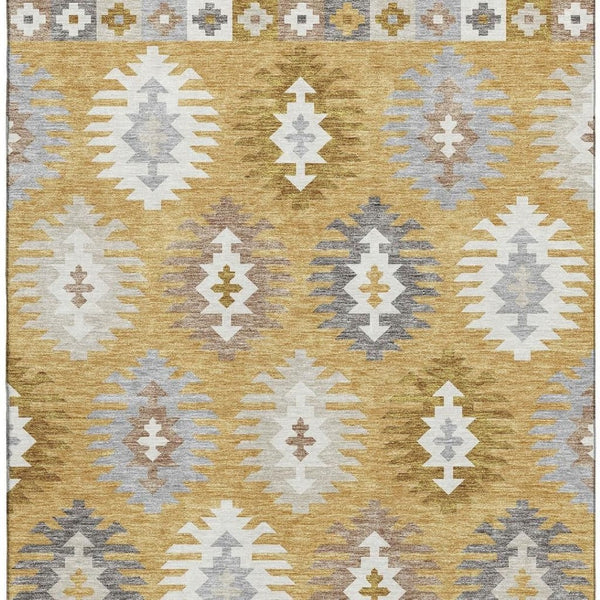 HomeRoots 9' X 12' Southwestern Washable Area Rug in Gold, Gray, and Silver - UV Protected, Durable Design 677620