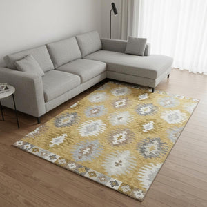 HomeRoots 10' X 14' Southwestern Washable Area Rug in Gold, Gray & Silver - Durable, UV-Protected, Stain-Resistant 677621