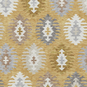 HomeRoots 10' X 14' Southwestern Washable Area Rug in Gold, Gray & Silver - Durable, UV-Protected, Stain-Resistant 677621