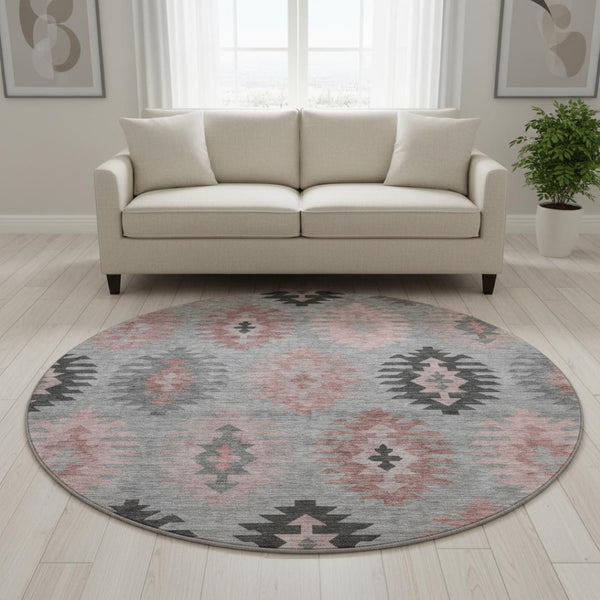 HomeRoots 8' Gray Mauve and Silver Southwestern Washable Round Rug - Durable, UV Protected, Perfect for Kids & Pets 677624